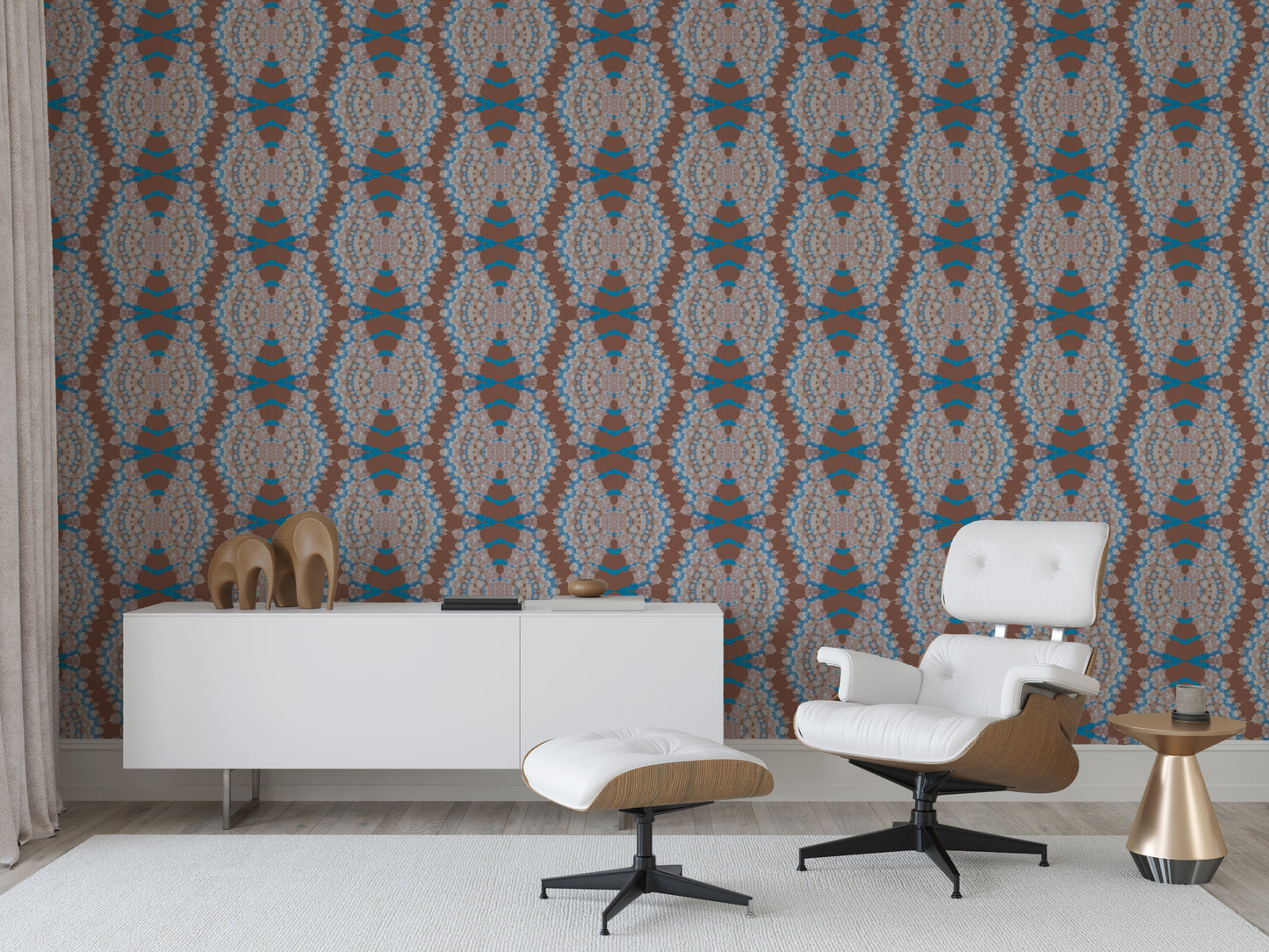Modern living room with hand-dyed wallpaper.